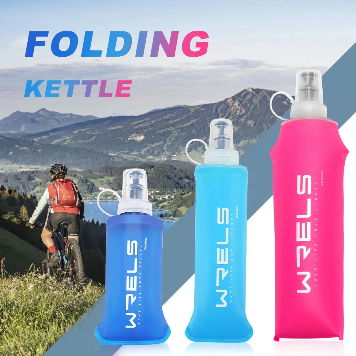 WRELS folding water bottles 3-pack in blue, light blue and pink; BPA-free sport hydration