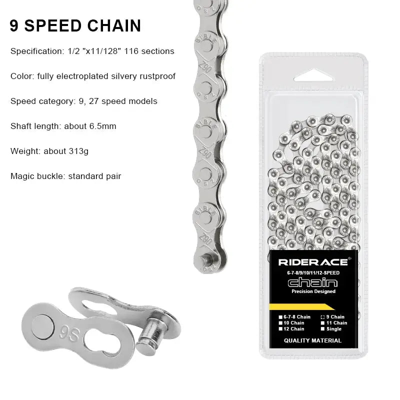 RIDERACE Ultralight Bicycle Chain 116 Links 8 to 12 Speed Silver for Mountain and Road Bikes 24 27 30 Speed Drivetrains