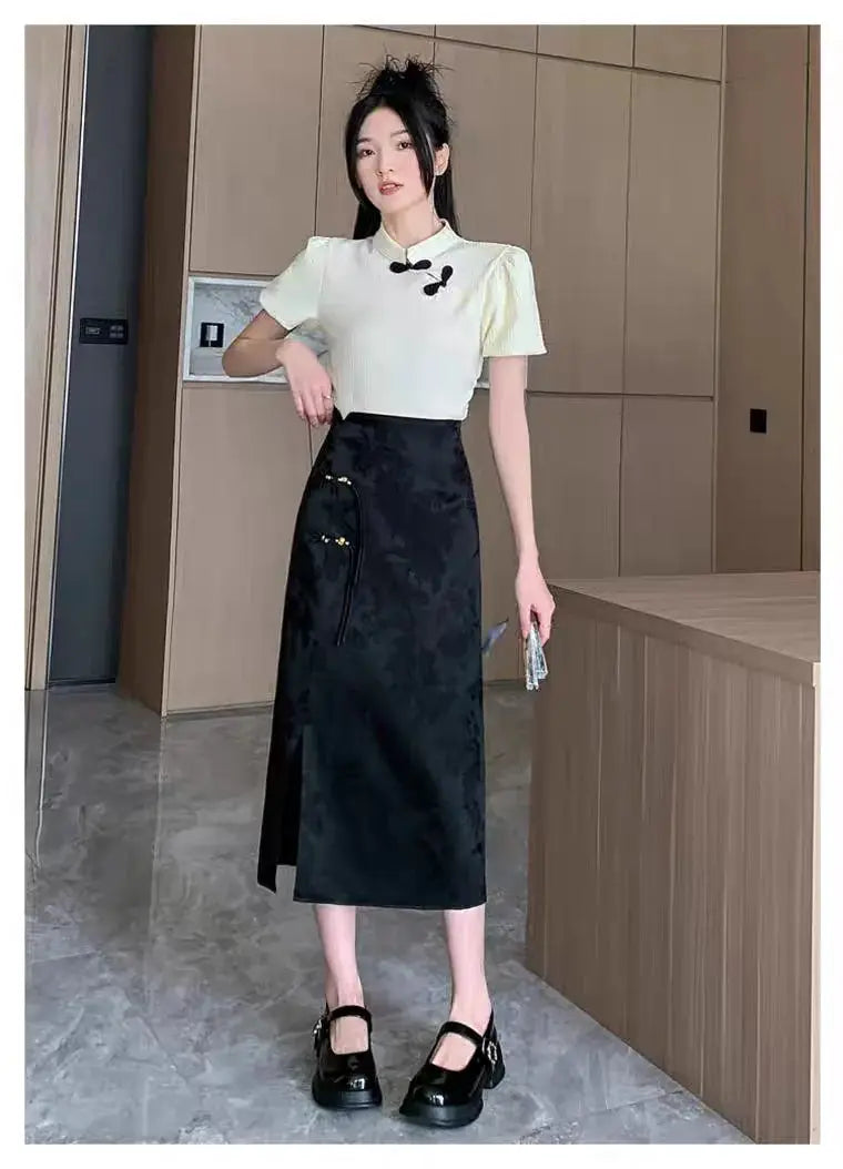 Chinese Style Skirt by Simples Market in black floral jacquard, high-waisted midi length with gold zipper accents