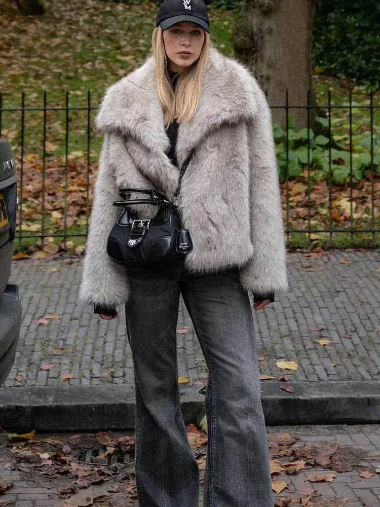 HH Women Fashion Cropped Faux Fur Jacket Coat Long Sleeve Front Snap Button Closure Lapel Collar Thick Outerwear Chic