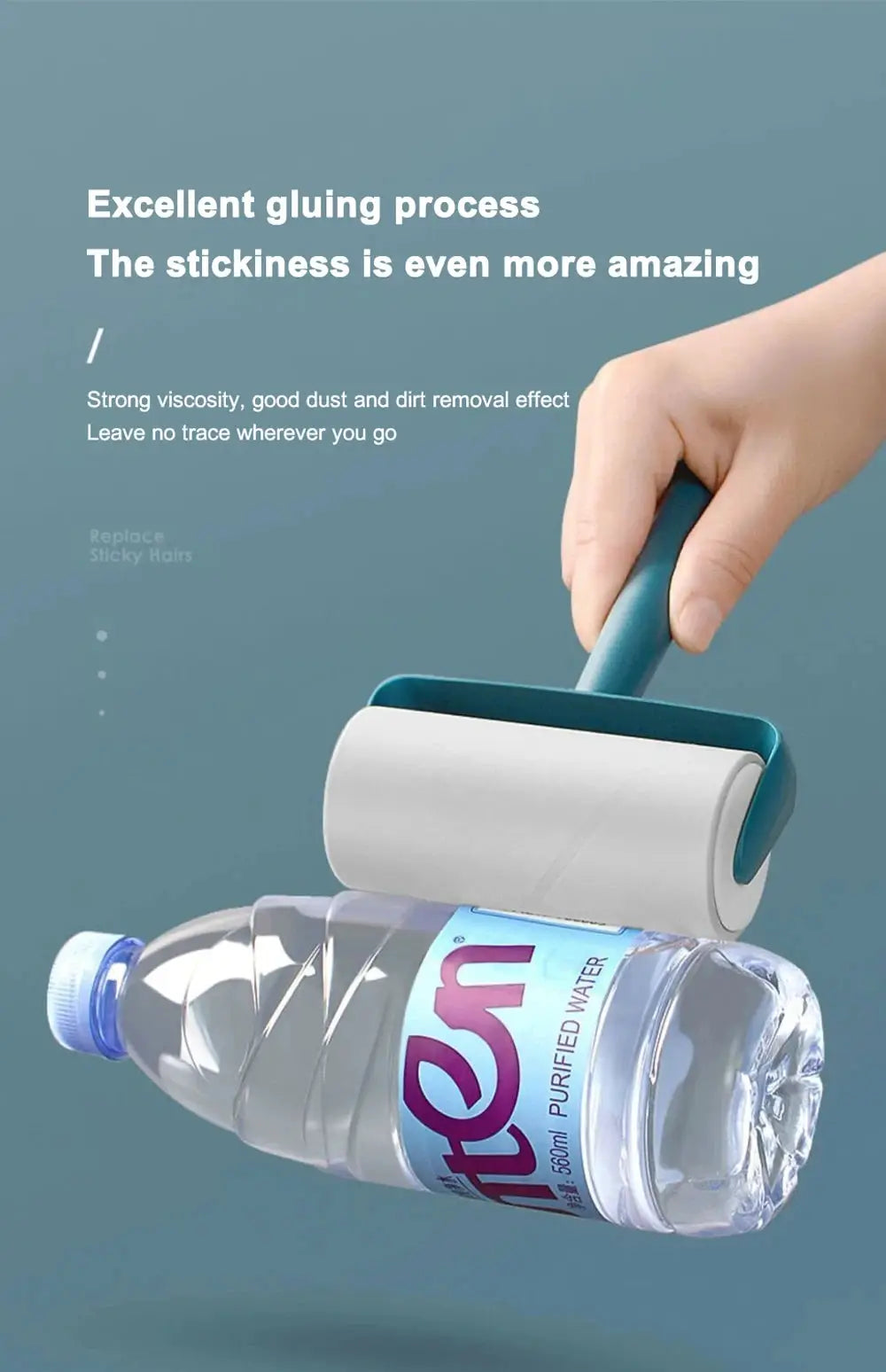 Sticky roller brush with teal handle and tearable roll paper for pet hair and clothing cleaning
