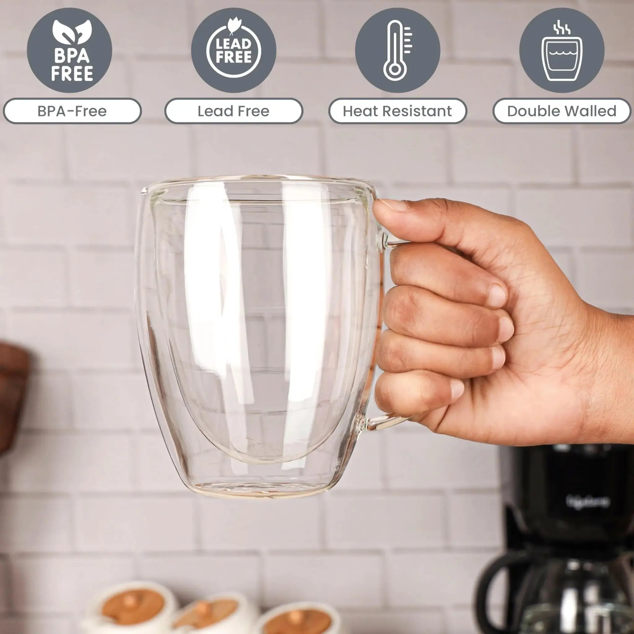 Set Of 2 4 6 350ml Double Wall Glass Mugs With Handle Transparent Cappuccino Coffee Tea Juice Cup