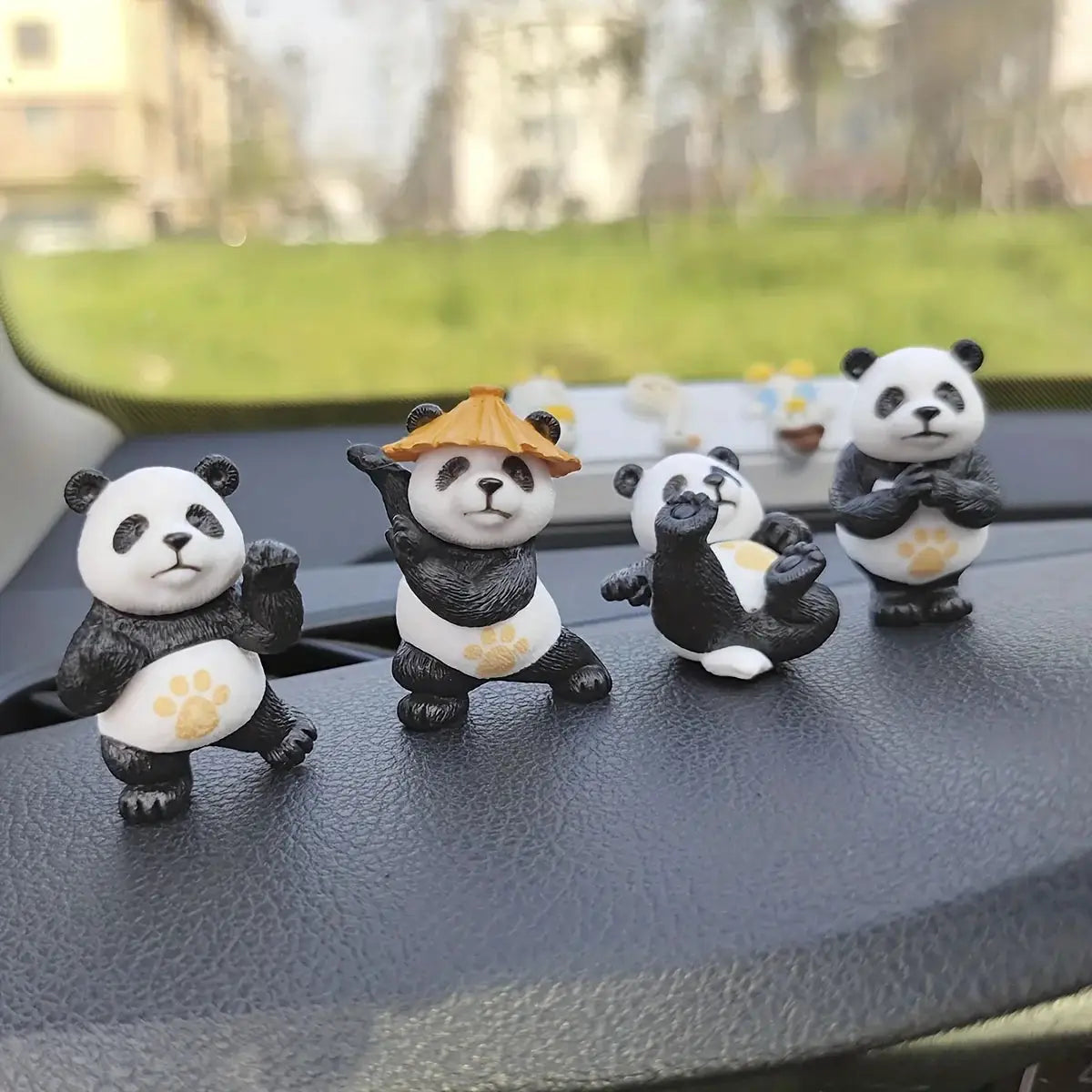 4pcs Panda Car Ornaments set for dashboard; black and white panda figurines