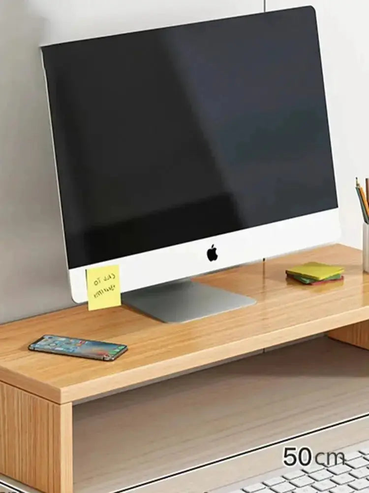 Oak Wood Ergonomic Monitor Stand Elevated Desk Shelf With Underneath Storage For Monitor Keyboard And Accessories