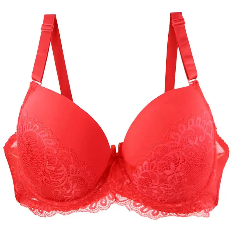 Push-up lace bra red by Simples Market; adjustable straps and bow centerpiece.