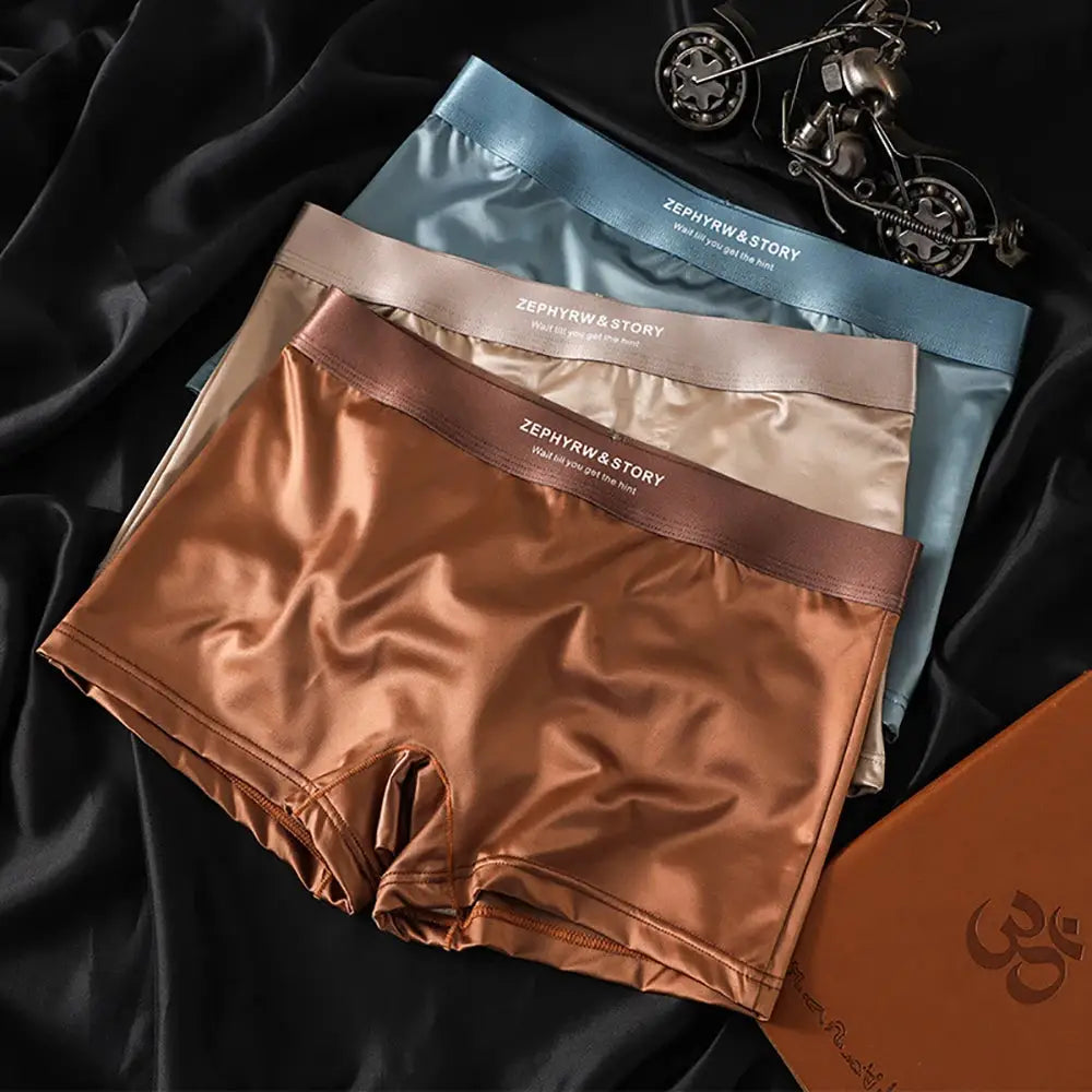 3-pack Simples Market ice-silk satin panties in teal, beige and bronze with 3D double-layer breathable mesh