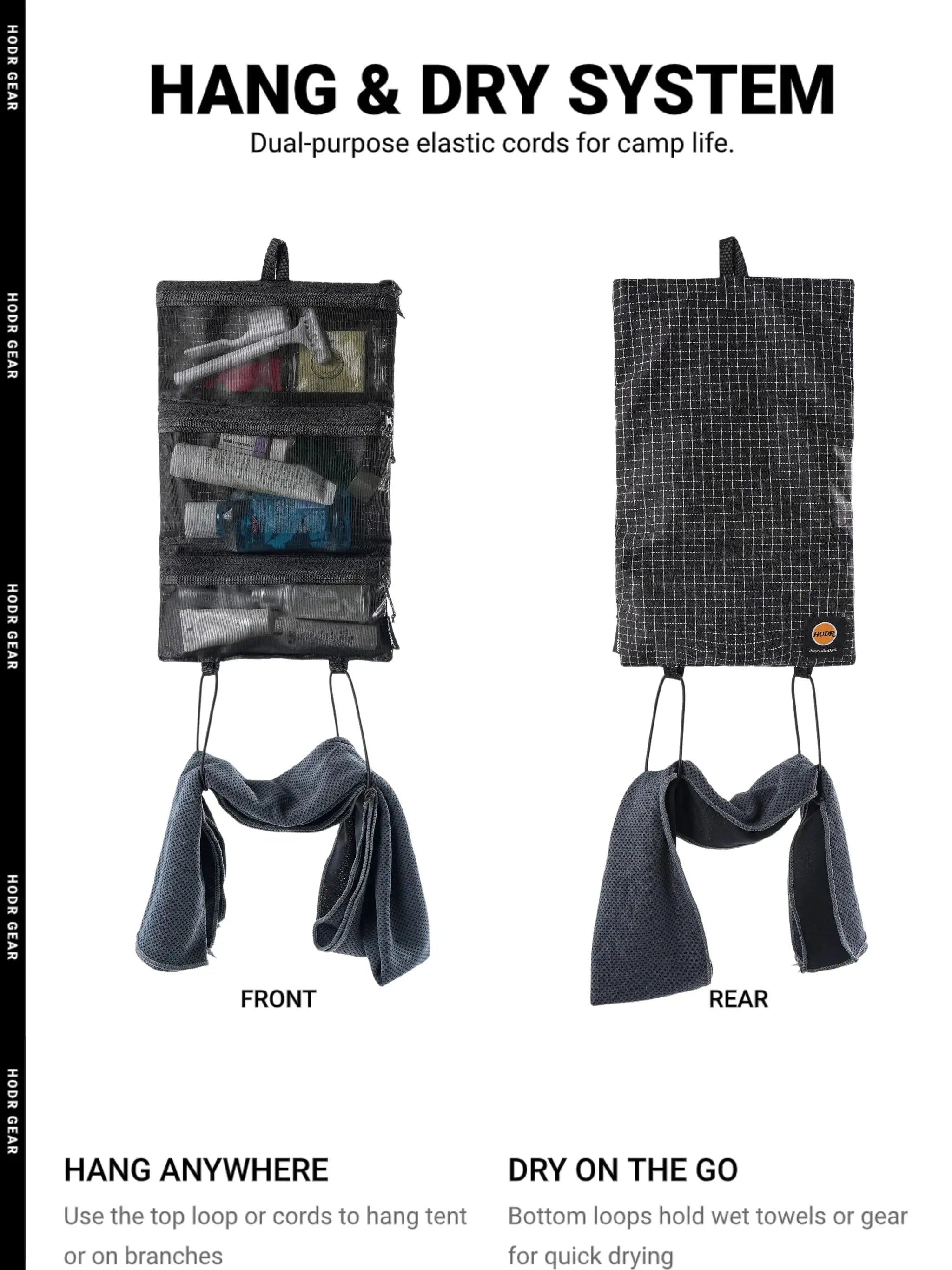 HODRGEAR ultralight toiletries organizer, black UHMWPE gridstop with roll-up mesh pouch and YKK zippers