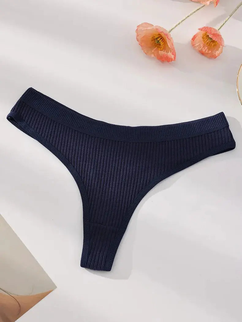 Simples Market cotton ribbed thong underwear, navy blue, women's low-rise panty