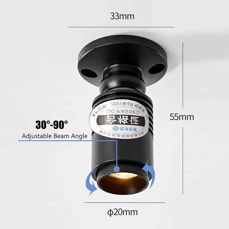 3W mini spotlight by Simples Market, surface-mounted, black finish, 12V, adjustable 30–90° beam for display cabinets