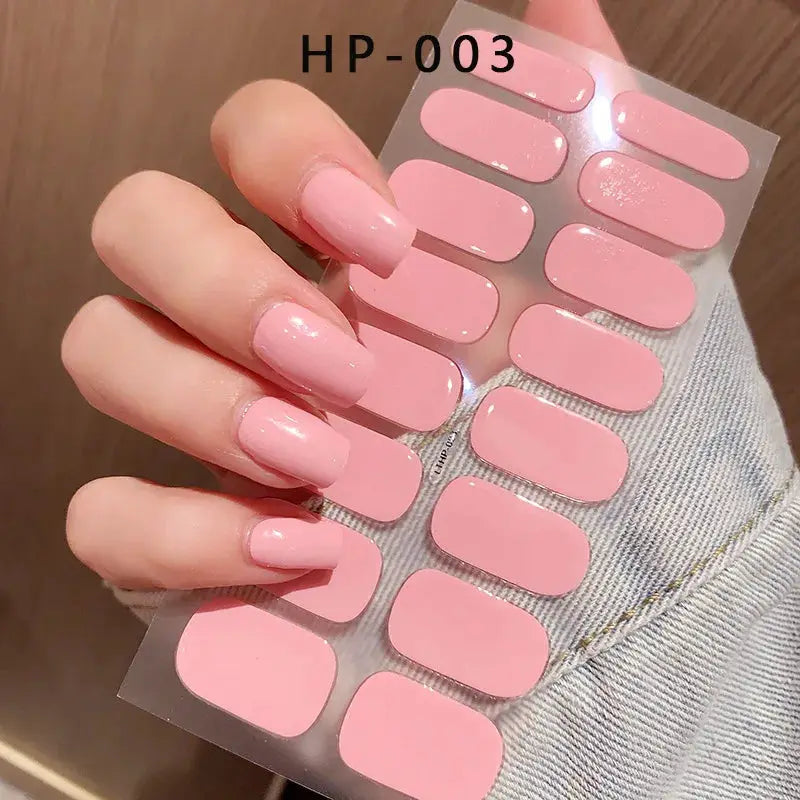 Semi-cured pink gel nail wraps sheet; full-cover adhesive decals, 12-piece set HP-003