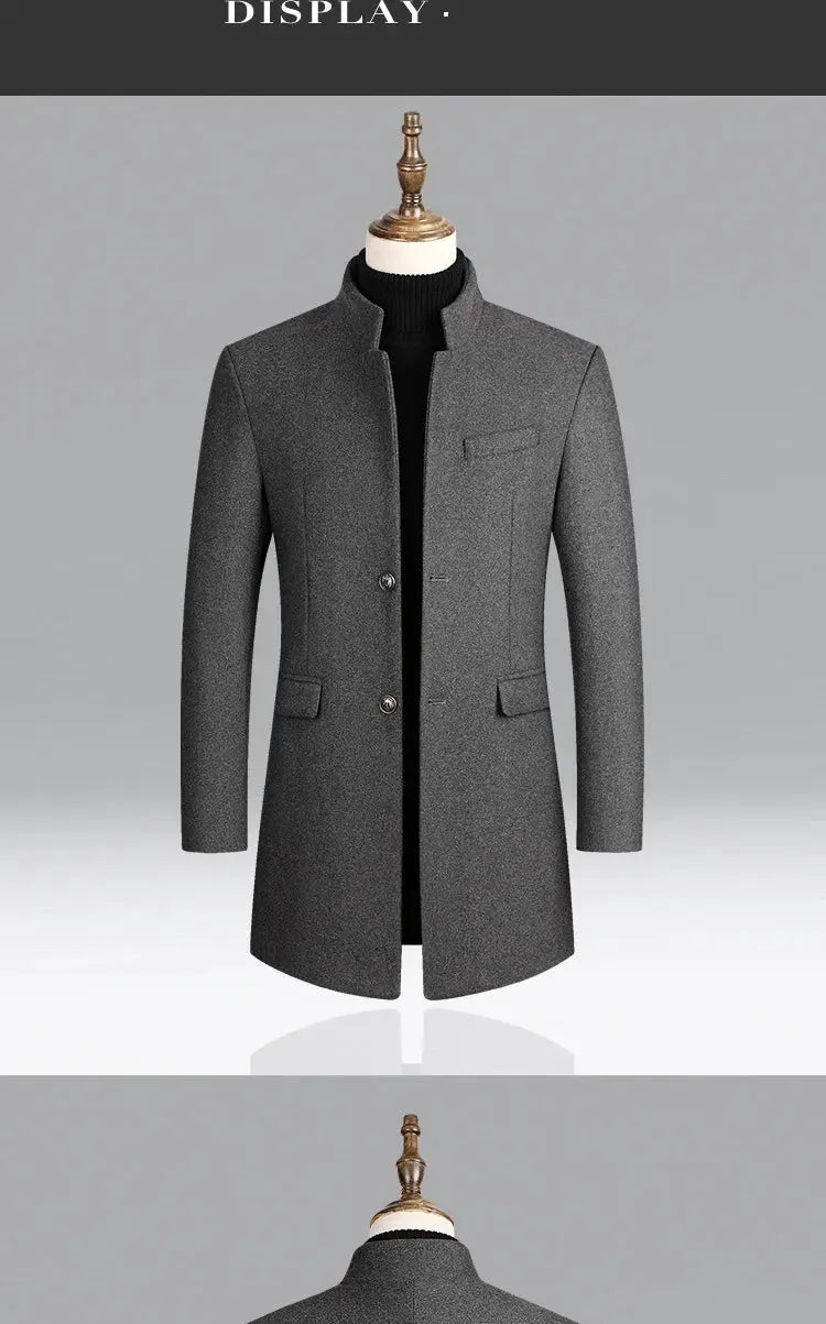 BROWON men's gray wool trench coat, business casual Chinese style, solid color outerwear.