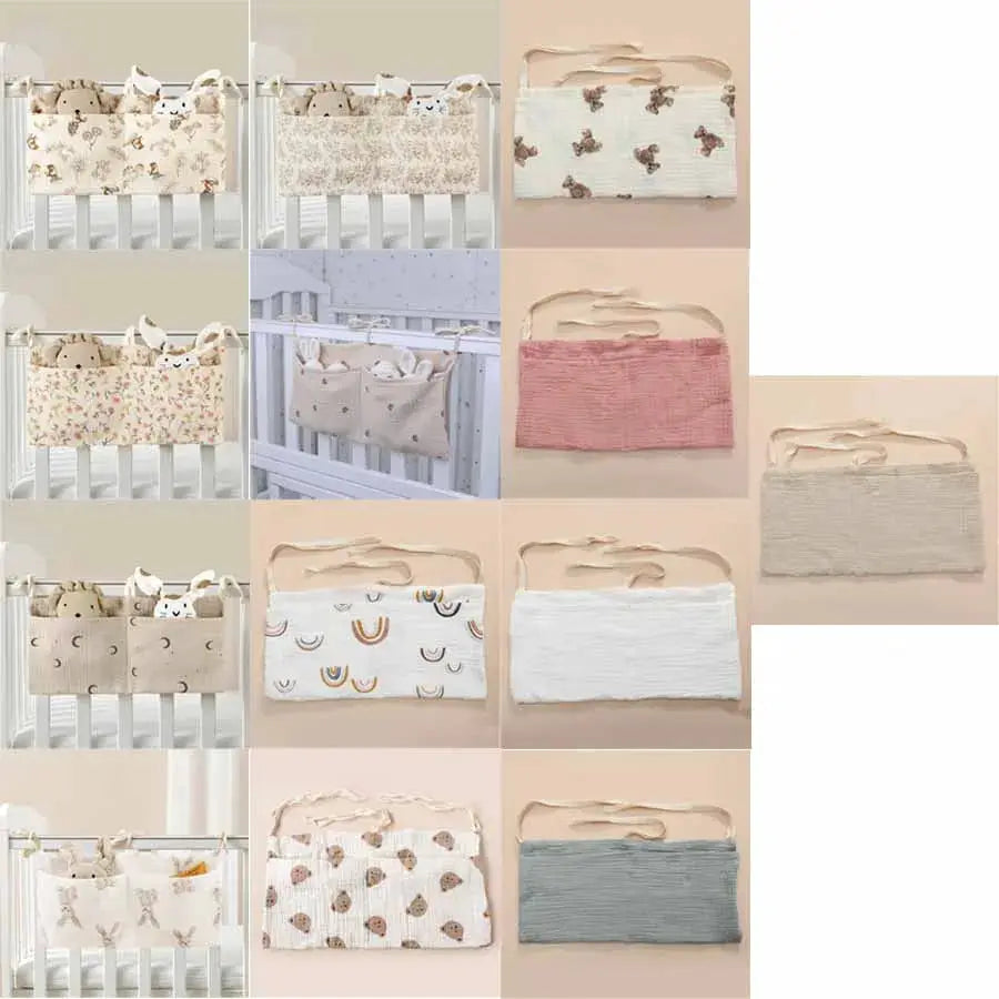 Two Pocket Baby Bedside Hanging Storage Bag Attaches to Crib Stroller Breathable Cotton Organizer for Diapers and Toys