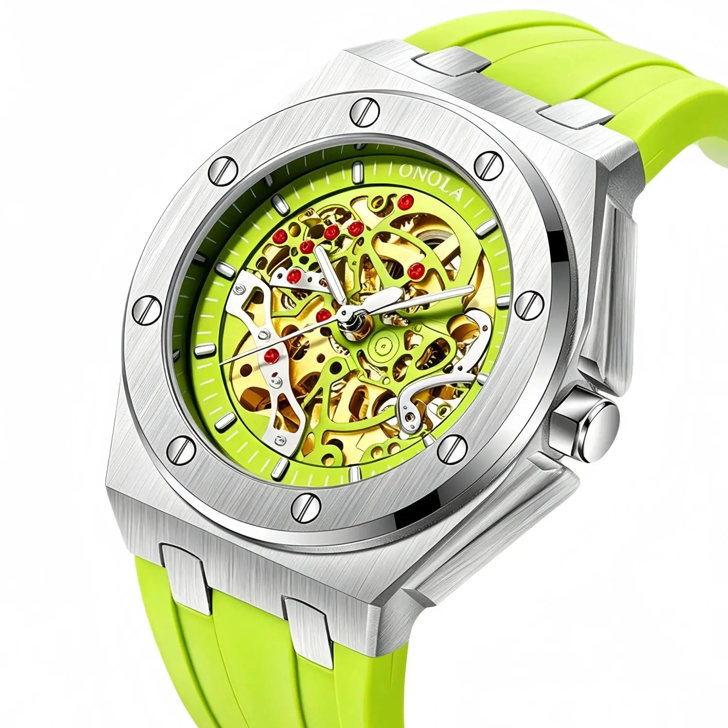 ONOLA skeleton wristwatch for men with lime green silicone strap and stainless steel case