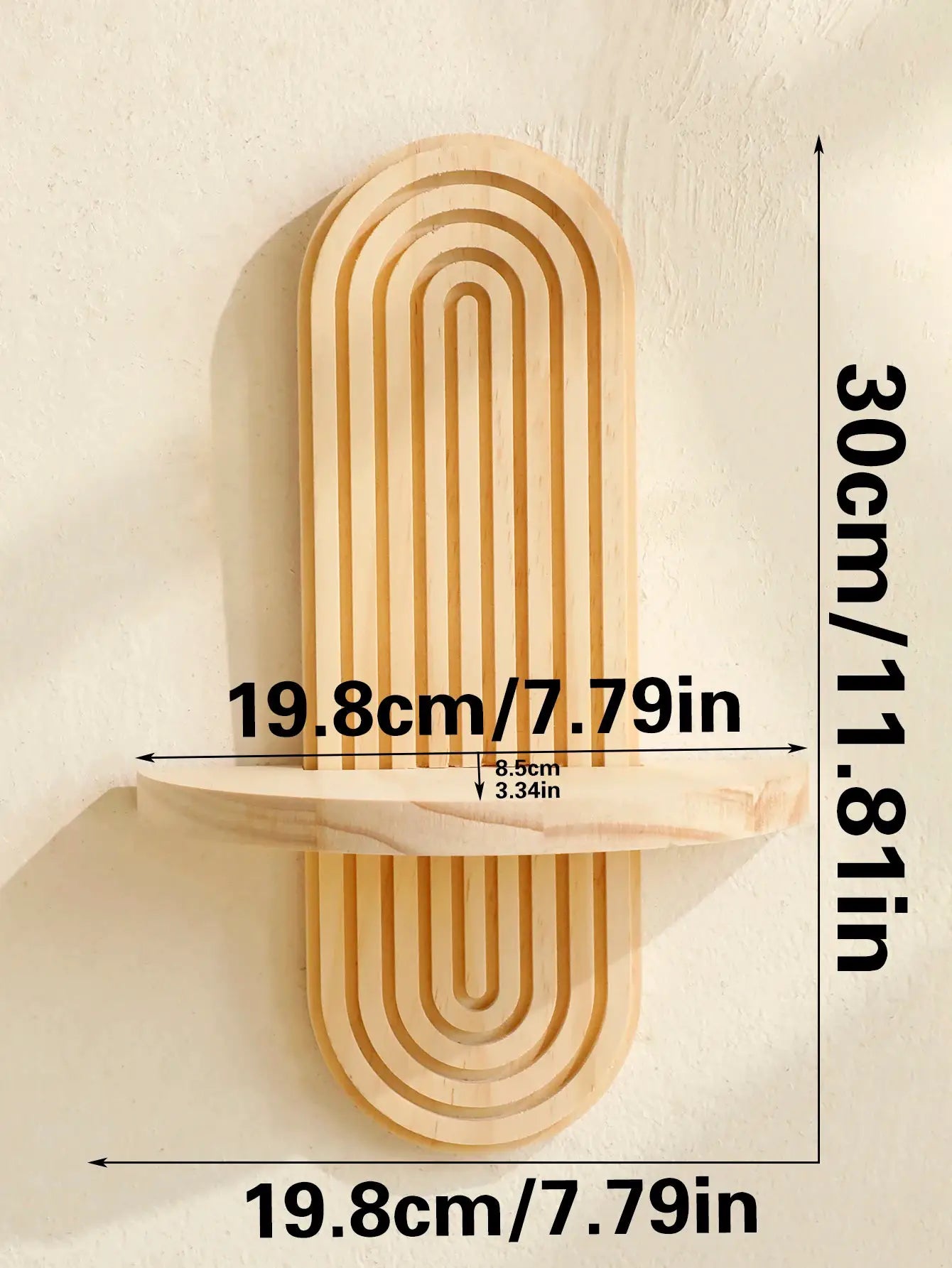 Boho-style wooden wall shelf with nested arch design in natural wood finish.