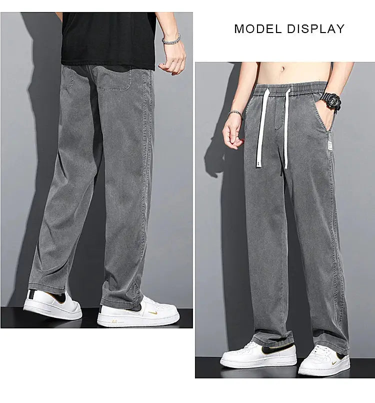 Men's grey lyocell jeans with drawstring elastic waist, loose straight casual trousers