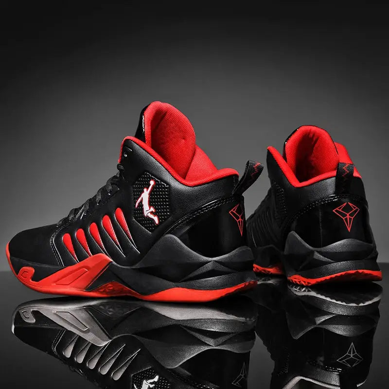 Men's black and red sneakers with Jumpman logo, athletic trainer style with red lining
