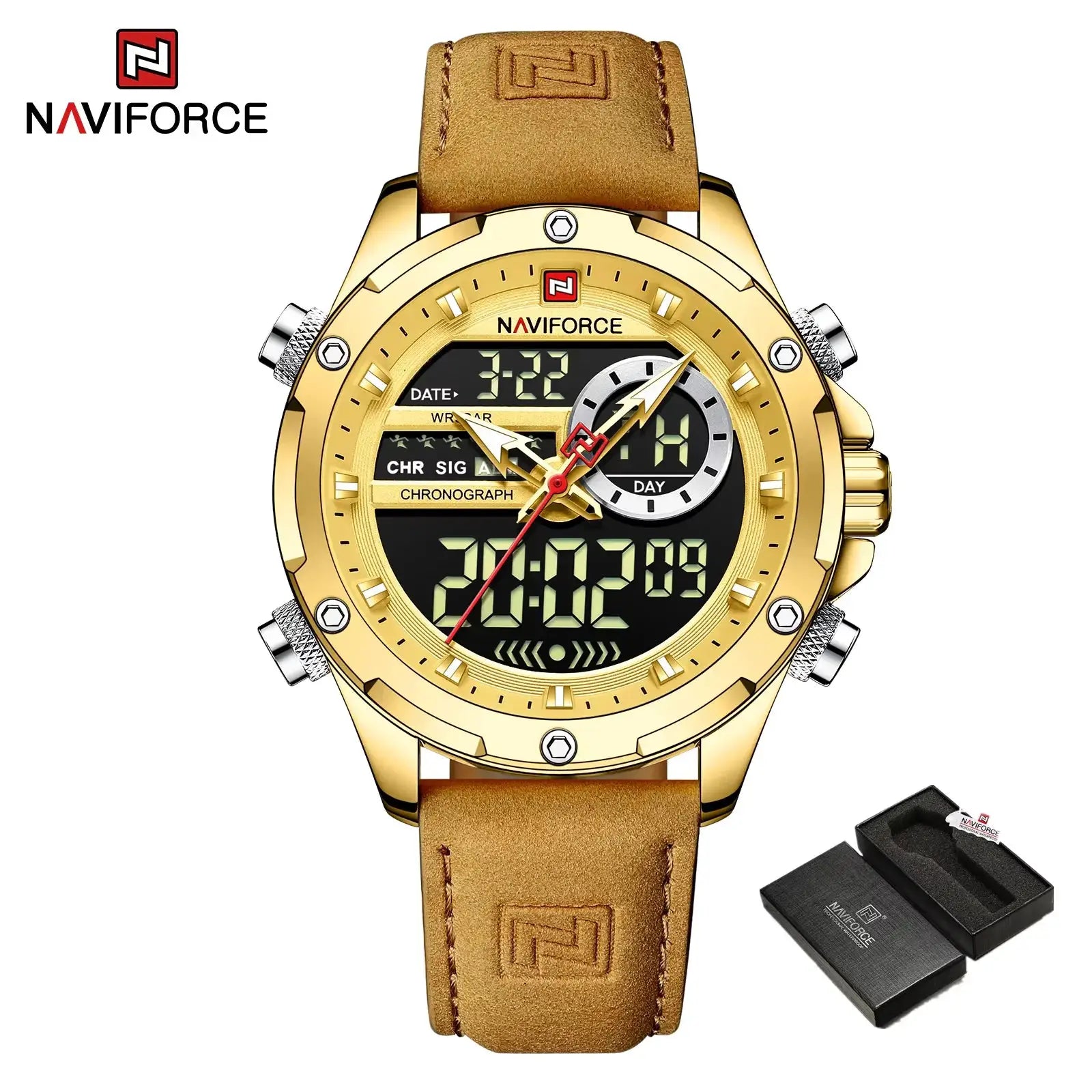 Naviforce luxury men's watch with gold-tone case and brown leather strap, digital-analog chronograph