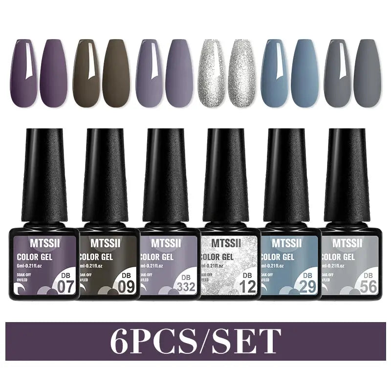 Gel nail polish set MTSSII, 6 pcs, purple, gray, silver glitter, and blue shades with labeled bottles