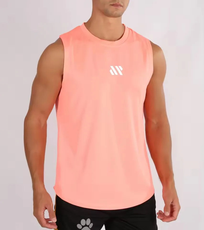 Men's bodybuilding gym tank top, peach mesh sleeveless vest with white chest logo (Simples Market)