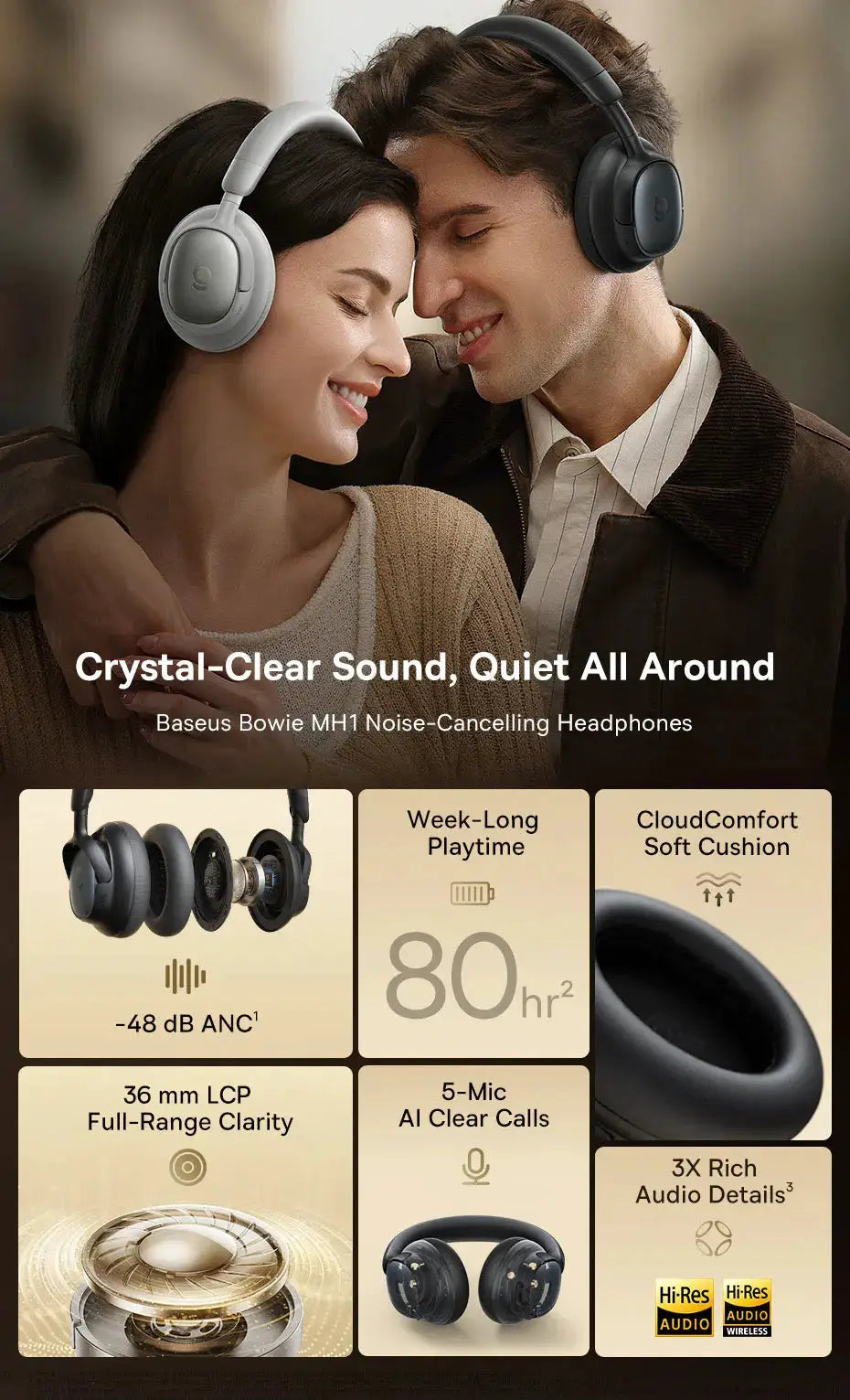 Baseus Bowie MH1 over-ear noise-cancelling headphones pair in gray and black