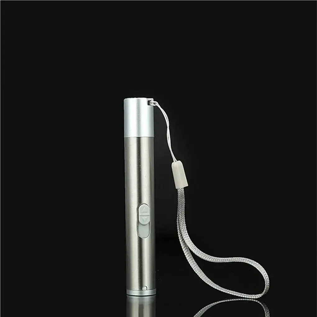 Pointer USB rechargeable 3-in-1 flashlight with wrist strap in silver metal body