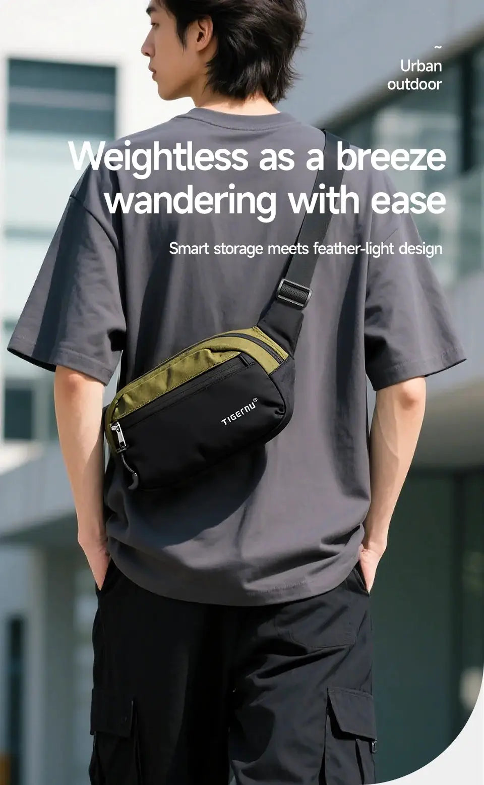 Tigernu crossbody bag, black with olive-green panel, worn by a man as a sling bag