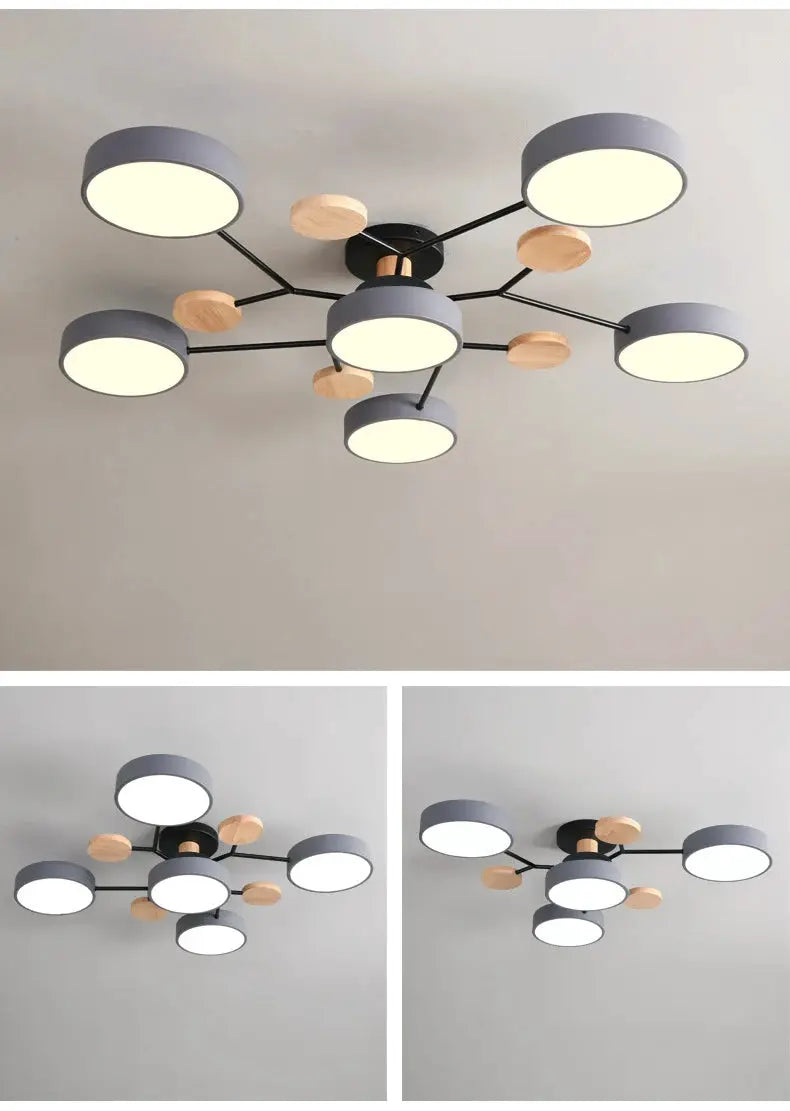 Modern LED chandelier with grey circular shades and wood accents, Simples Market ceiling lamp