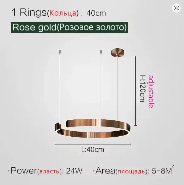 Rose gold ring ceiling chandelier, 40cm diameter, adjustable hanging height LED pendant lamp