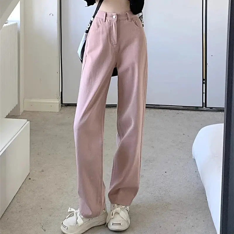 Womens Vintage Wide Leg Jeans High Waist Denim Pants Black Grey Blue