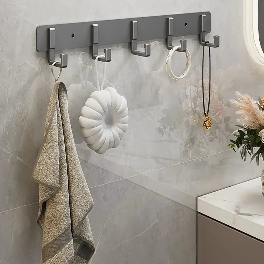 Aluminum punch-free hook rail with six hooks for kitchen and bathroom towel and utensil storage