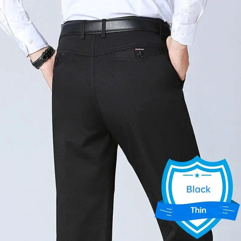Men's black office dress pants with belt, straight loose fit