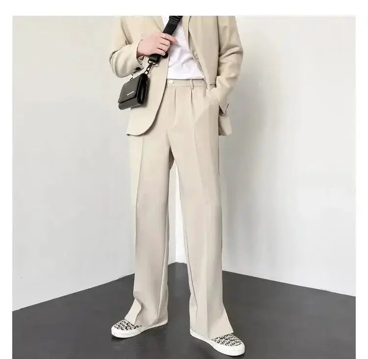 Simples Market men's straight baggy casual suit trousers in khaki, paired with a beige blazer.