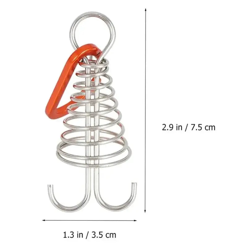 Stainless steel camping tent rope buckle with a spring coil, orange latch, and two bottom hooks.