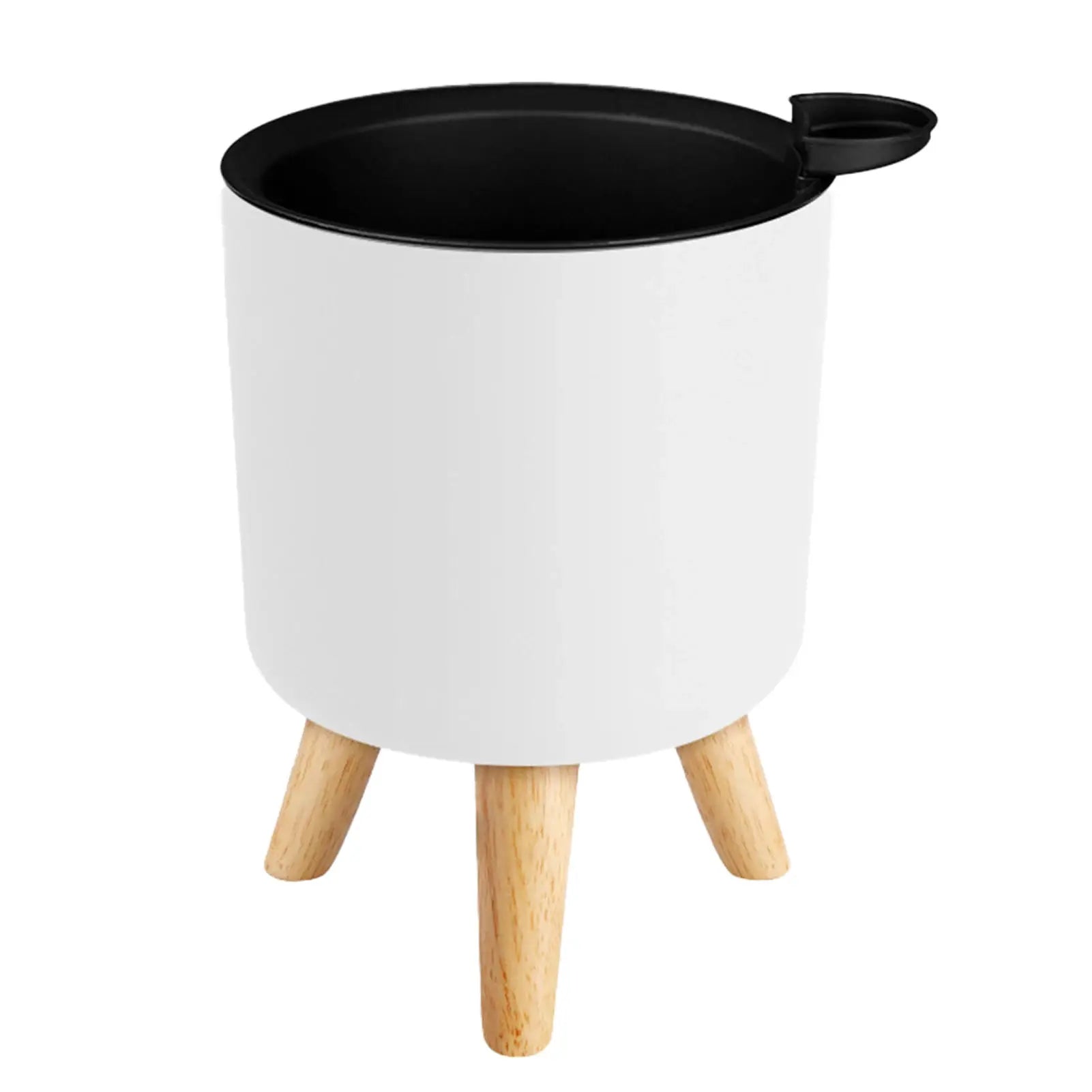 Floor-standing white round planter with natural wooden legs and black rim