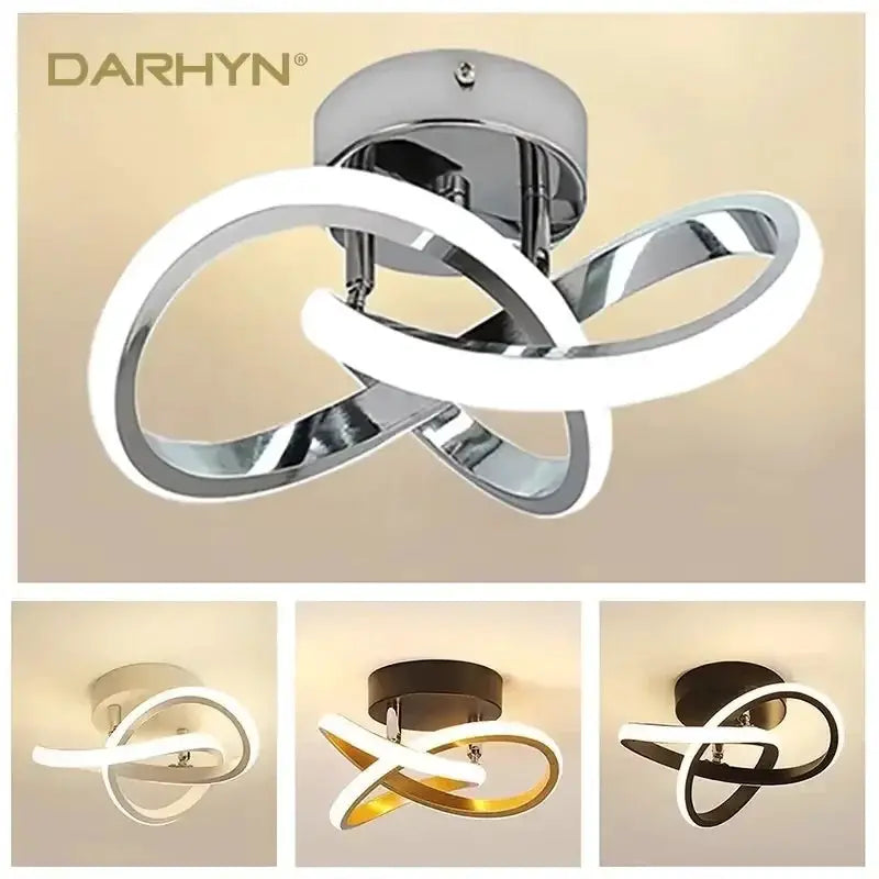 LED ceiling light fixture by DARHYN with intertwined LED ring design; chrome, white, gold, and black finishes.