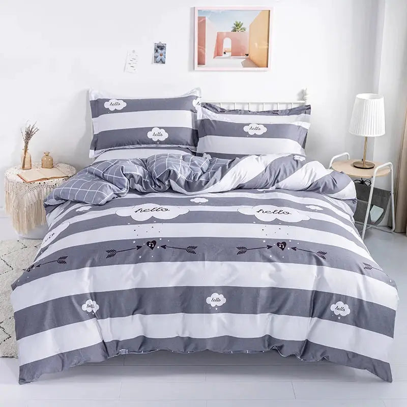 Simples Market 3pc 100% cotton duvet cover set with gray and white striped pattern; includes duvet cover and 2 pillowcases.