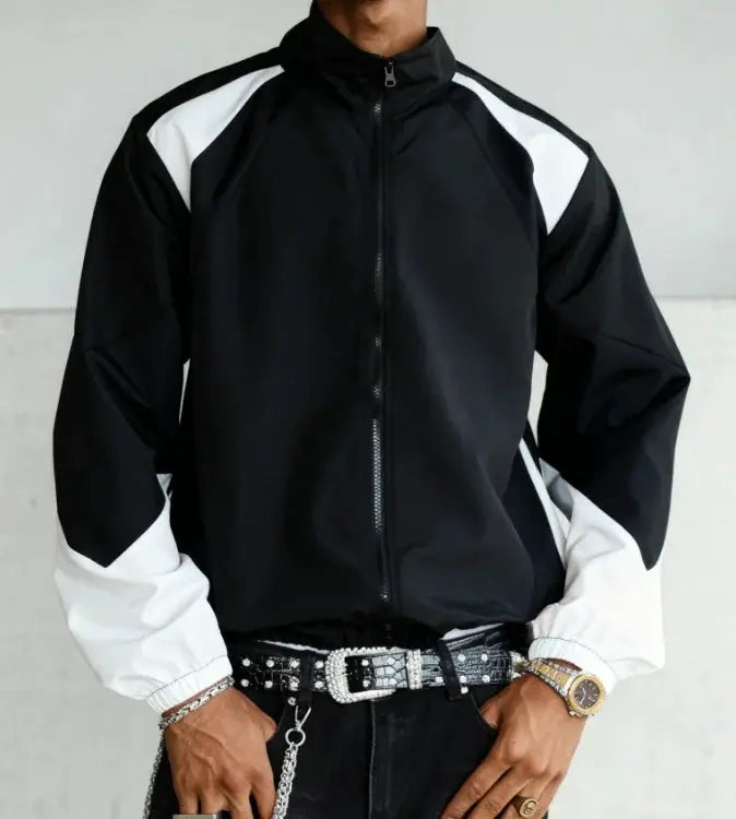 Men's color-blocked lightweight jacket by Simples Market, black with white panels, windproof travel wear