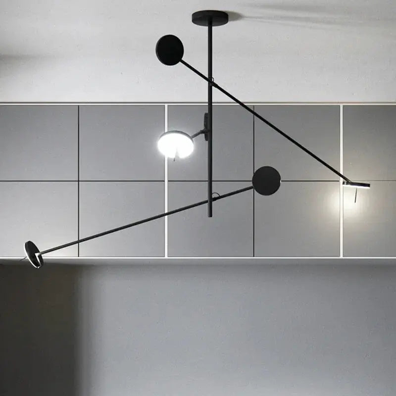 Black LED chandelier with adjustable arms and circular end discs, modern hanging lamp for living or dining room.