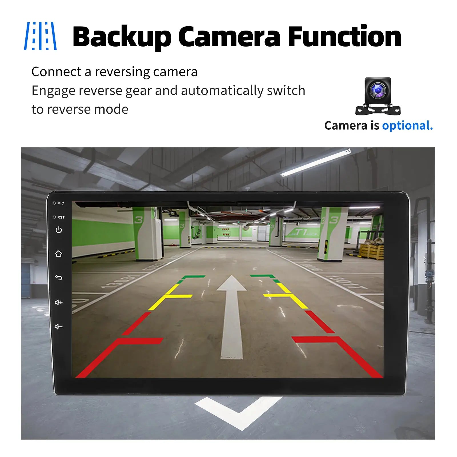 Black ESSGOO car stereo head unit by Simples Market with Android Auto and backup camera display