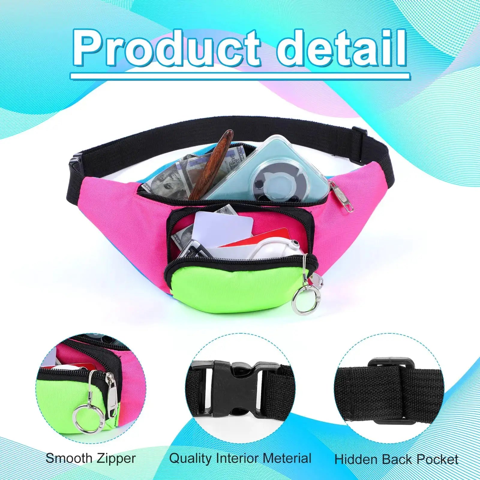 Simples Market fanny pack waist bag in bright pink with neon green pocket and black adjustable strap