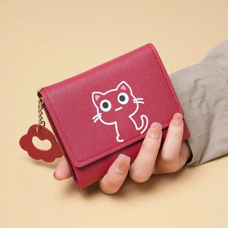 Pink cat-printed short-style purse by Simples Market, compact female wallet with large capacity and multiple card slots.
