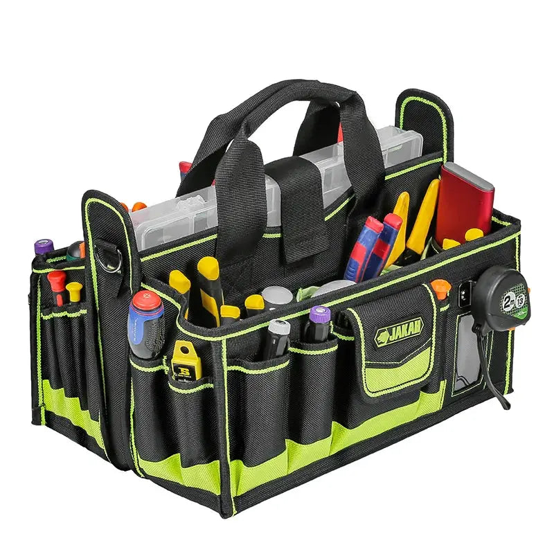 40-pocket tool tote organizer in black with neon-green trim, dual handles, and visible tools.