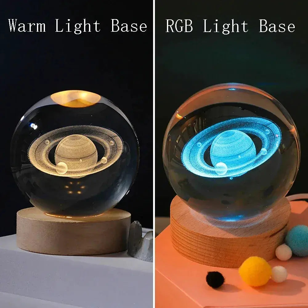 3D Crystal Ball Night Light Lamp with solar system engraving on glass globe, warm or RGB base, Simples Market