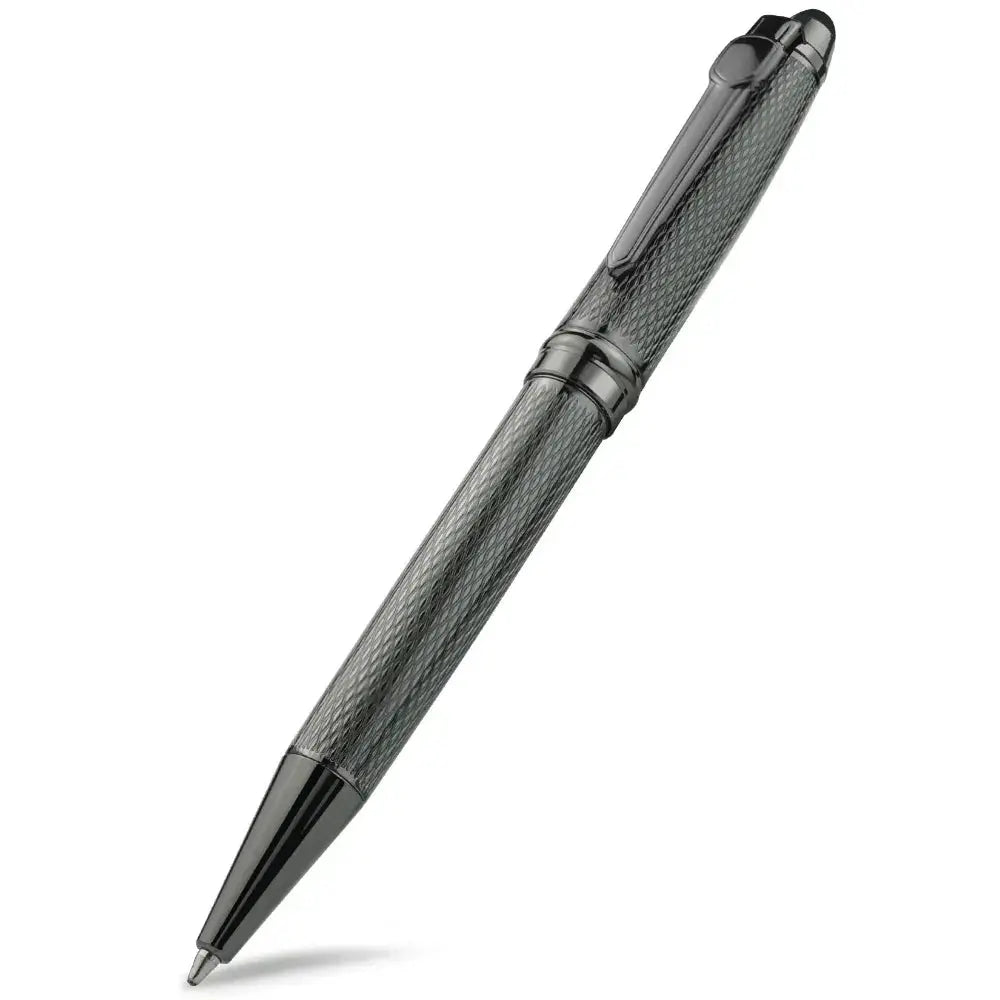 Ballpoint pen with textured metallic gray body, retractable tip, and silver clip.