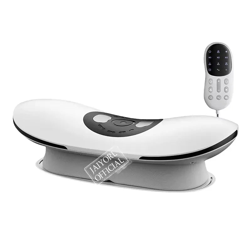 Electric lumbar traction massager with remote control, white body and gray cushion, Simples Market.