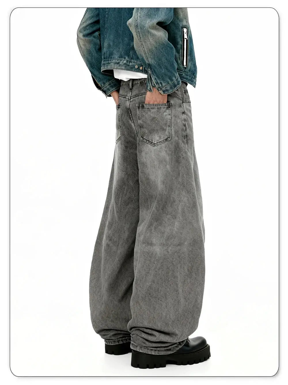 Men's baggy wide-leg gray denim jeans for streetwear, retro casual style