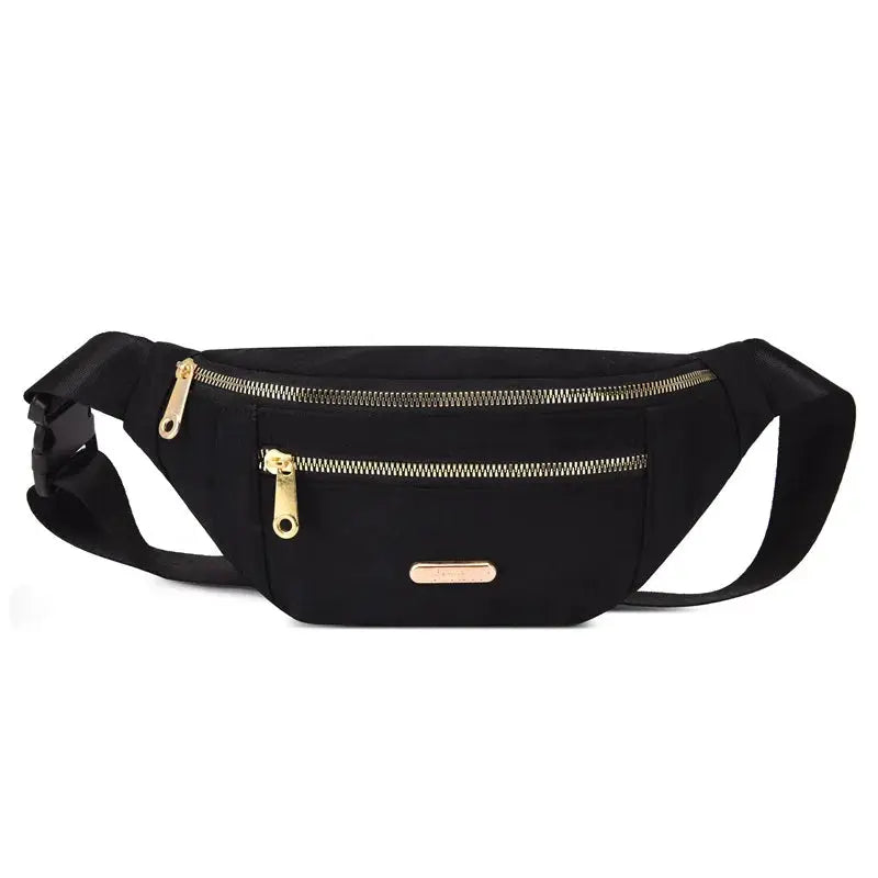 Simples Market black fanny pack with gold zippers and adjustable waist strap