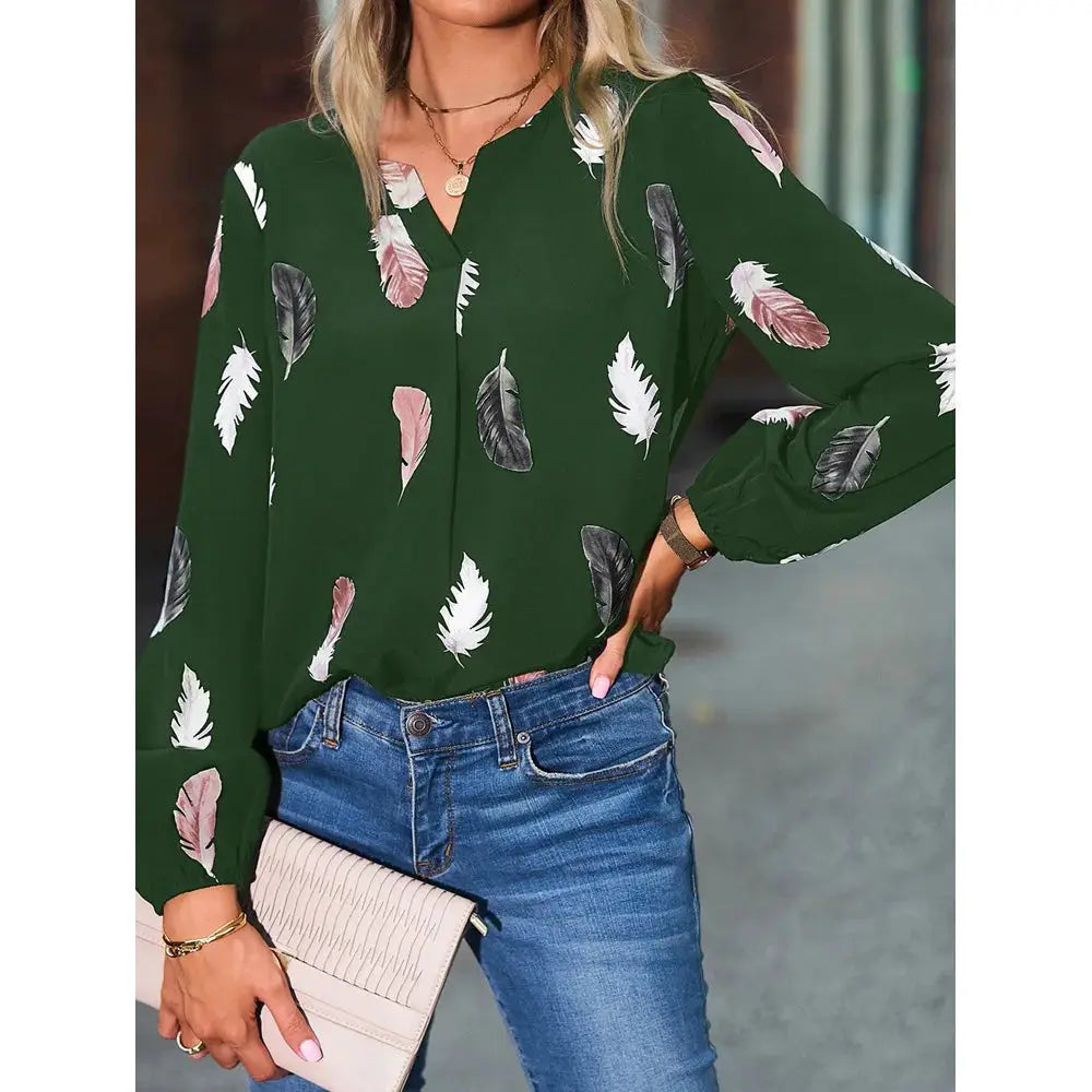 Women's green feather-print chiffon blouse with long sleeves, relaxed-fit top perfect for everyday wear