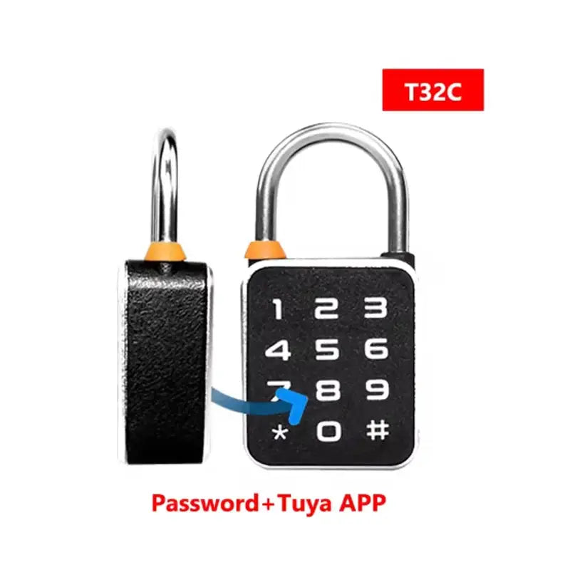 3-in-1 mini smart padlock with USB charging and Tuya app control; black keypad lock with silver shackle.