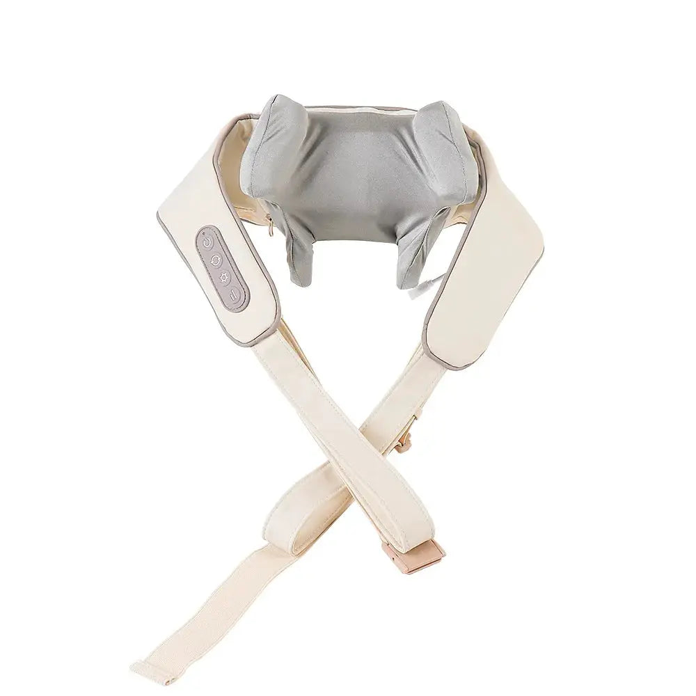 Foreverlily neck and shoulder massager with beige straps and gray kneading pillow, wireless
